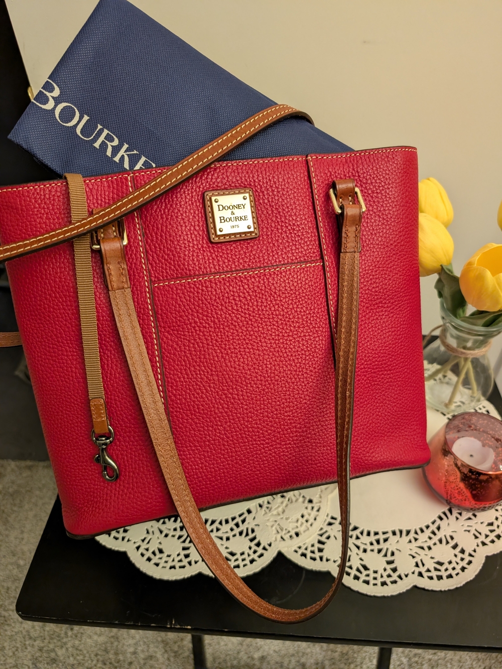 Dooney & Bourke Red Pebbled Leather Shoulder Bag with Tan Trim